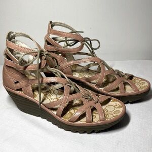 Fly London Wedge Sandals with Strappy Design. Pale Pink. 40 or size 9. Leather